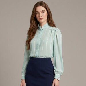 Vintage 80s Mint High Neck Blouse Secretary Chic Pastel Abstract Stripe Shirt L